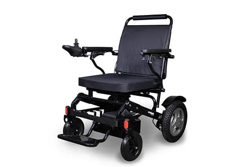 The EW-M45 Portable Power Wheelchair by E-Wheels features a black seat and backrest, complete with armrests and a right-side joystick control. This lightweight travel wheelchair is designed for enhanced mobility and comfort on your journeys, equipped with two large rear wheels and two smaller front wheels.