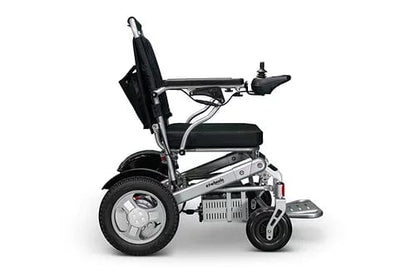 Side view of the EW-M45 Portable Power Wheelchair by E-Wheels, showcasing a sleek black seat and silver frame. It includes a joystick control on the armrest, large rear wheels, and smaller front casters, all designed for enhanced mobility and comfort. Ideal as a lightweight folding chair for effortless travel.