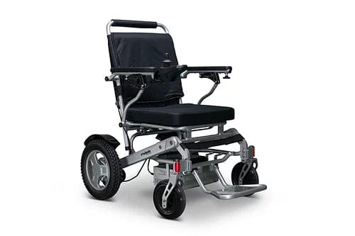 Introducing the EW-M45 Portable Power Wheelchair by E-Wheels: a sleek and compact mobility solution featuring a black seat and silver frame. Designed with large rear wheels, smaller front wheels, and joystick control conveniently positioned on the armrest, this lightweight folding wheelchair is perfect for travel, effortlessly blending convenience with style.