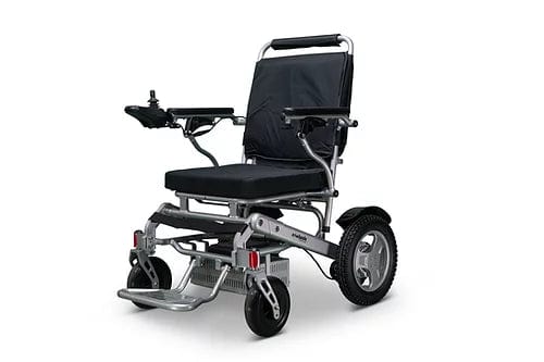 The EW-M45 Portable Power Wheelchair by E-Wheels is a lightweight, foldable power wheelchair featuring a padded seat and armrests. It is equipped with joystick control on the left armrest and designed for easy mobility and transport with its large rear wheels and smaller front wheels.