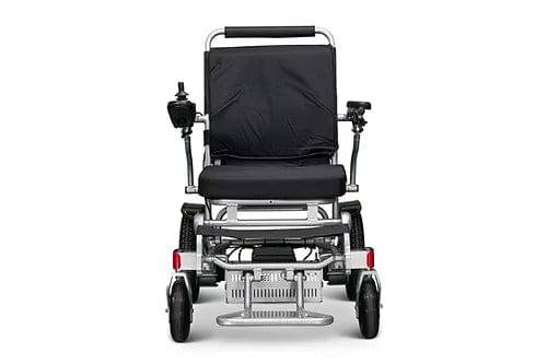 Introducing the E-Wheels EW-M45 Portable Power Wheelchair: a front view showcases its sleek design featuring black cushioning and a joystick control fitted on the armrest. With sturdy wheels and a metallic frame, this expertly designed wheelchair is perfect for those seeking effortless mobility assistance.