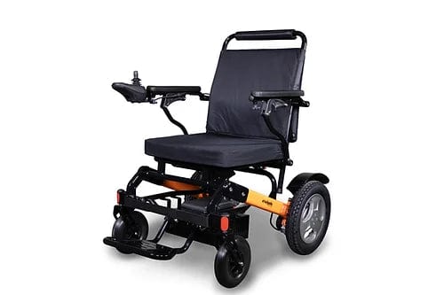 Introducing the EW-M45 Portable Power Wheelchair by E-Wheels, a sleek black and orange mobility solution equipped with a left armrest joystick. This travel-friendly companion boasts padded seating, armrests, and large rear wheels. Its robust frame ensures dependable mobility support while still offering the ease of a lightweight folding design.