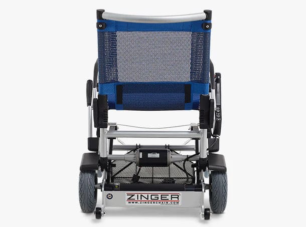 Rear view of the ultra-portable blue mesh Zinger Chair with Arm Rests featuring large wheels, designed for multi-surface travel. The brand "Journey Health & Life Style" is prominently printed on the back.