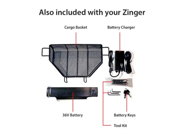 The image showcases the must-have accessories for the ultra-portable Zinger Chair with Arm Rests by Journey Health & Lifestyle: a stylish black cargo basket, a battery charger with cables, a 36V battery, battery keys, and a convenient tool kit. Each item's position and function are clearly indicated by descriptive labels.