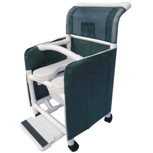 Introducing the Direct Choice Privacy Skirt for the Direct Choice 250 lb. Shower Chair by Direct Supply—a versatile medical transport option with a green and white color palette. It features padded armrests, a comfortable backrest, and a practical footplate. Equipped with wheels for enhanced mobility, this chair also comes with a privacy cover for added discretion.