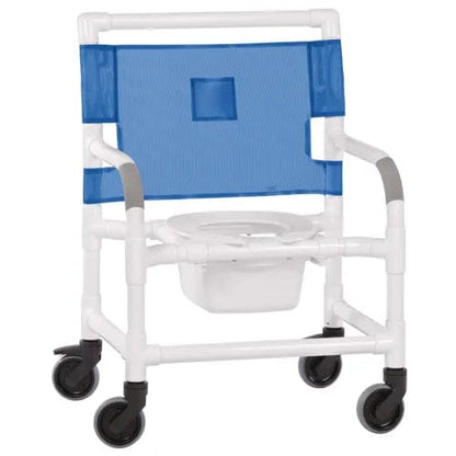 The Direct Supply Wide Shower Chair, Commode, offers a 500lb capacity. It features a sturdy white and royal blue frame with armrests, four black wheels, a plastic seat with a removable container, and a blue mesh fabric backrest for enhanced support.