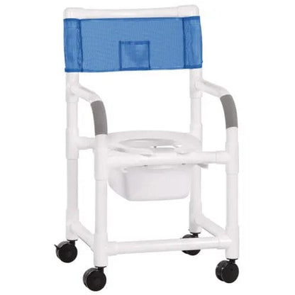 The Direct Supply Shower Chair features a royal blue mesh backrest, armrests, a built-in plastic commode, and four small black wheels with locking casters for easy mobility, accommodating up to 300 lb.