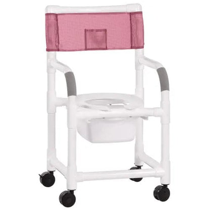 The Direct Supply Shower Chair is a mauve PVC portable commode with a royal blue mesh backrest. It has four black locking casters, a removable white bucket under the seat, gray armrests for comfort, and supports up to 300 lbs.