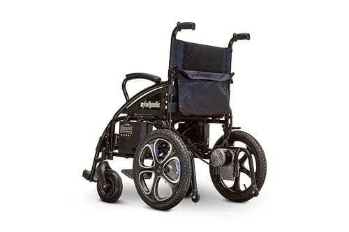 The EW-M30 Powered Wheelchair by E-Wheels is a sleek, black travel wheelchair with large rear wheels, smaller front ones, a fabric seat, backrest with storage pouch, and armrests. This folding power wheelchair features a compact, modern design for enhanced mobility on any journey.