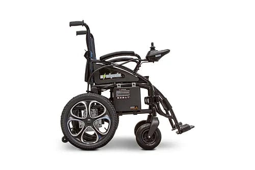 Side view of the EW-M30 Powered WheelChair by E-Wheels in black, featuring a durable aluminum frame, large rear wheels, smaller front wheels, and right armrest joystick control. Its travel-friendly design ensures lightweight portability.