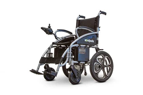 The EW-M30 Powered Wheelchair by E-Wheels features a sleek black and silver aluminum frame with left armrest joystick control. It includes large rear wheels, small front wheels, a cushioned seat, and footrests for ultimate comfort.