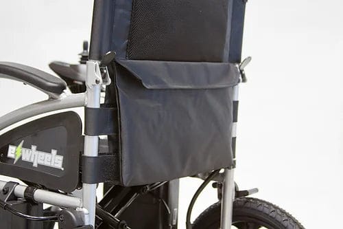 Close-up of the EW-M30 Powered Wheelchair by E-Wheels, featuring its aluminum frame. The image highlights the upper frame, a black seat backrest, and an attached storage pouch. Partially visible rear wheels emphasize its sleek design for travel.