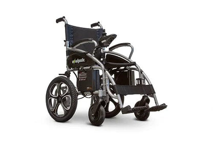 The EW-M30 by E-Wheels is a lightweight folding power wheelchair with large rear wheels and smaller front ones. It features a black seat, backrest, armrests, footrests, and a sturdy aluminum frame. A side battery pack highlights its motorized ability, making it perfect for travel.