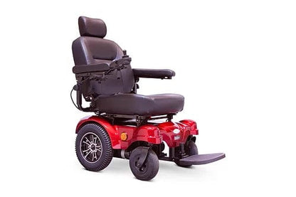 The EW-M51 Power Chair by E-Wheels is a red electric wheelchair with rear-wheel-drive for better maneuverability, featuring black cushioned seating, armrests, a footrest, large rear wheels, small front wheels, a control joystick, and a stability suspension system.