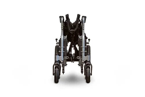 A frontal view of the folded EW-M30 Powered Wheelchair by E-Wheels, highlighting its aluminum frame and compact design with two wheels.