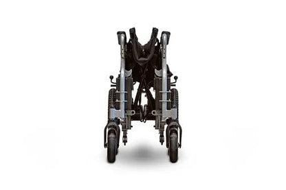 A frontal view of the folded EW-M30 Powered Wheelchair by E-Wheels, highlighting its aluminum frame and compact design with two wheels.