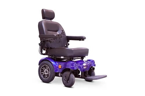 A blue E-Wheels EW-M51 Power Chair with a cushioned seat, armrests, footrest, and headrest showcases its sturdy design with large black wheels and stability suspension. Positioned at an angle to highlight its robust rear-wheel-drive capabilities.