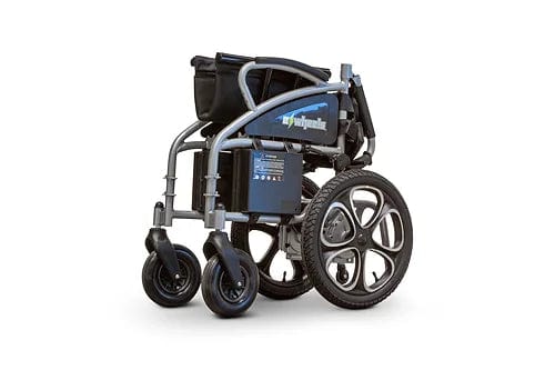 The EW-M30 Powered Wheelchair by E-Wheels is a compact, portable, foldable lightweight travel wheelchair with large rear wheels and smaller front ones. It features a sleek metallic aluminum frame with a dark seat and backrest, ideal for those on the go.