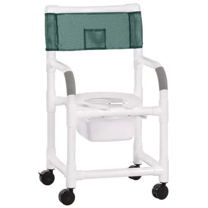 The Direct Supply Shower Chair boasts a forest green color with wheels, a mesh backrest, gray armrest grips, and a removable commode bucket. Designed for stability and mobility, it has four black locking casters and supports up to 300 lb.