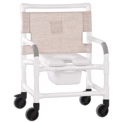 The Direct Supply Premium Wide Shower Chair, Commode, features a durable 500 lb weight capacity and includes a beige fabric backrest combined with a white PVC frame. It is equipped with armrests, an open seat style, and four black caster wheels to improve mobility and hygiene in bathrooms. Additionally, it comes with a removable bucket underneath for convenience.