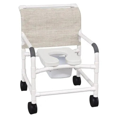 The Direct Supply Premium Wide Shower Chair, Commode features a robust design with a 500 lb weight capacity. It comes in white PVC and includes a beige linen mesh fabric backrest with armrests. The chair is equipped with an open seat design that offers padding for added comfort and is supported by four black wheels to ensure easy mobility and convenience in the bathroom.