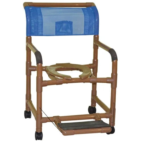 The Direct Choice™ Replacement Folding Footrest by Direct Supply is a mobility shower chair constructed from brown PVC pipes and equipped with a blue mesh backrest for secure bathing. It includes a flat seat with an open center to facilitate easy toileting, as well as a footrest and small wheels for effortless transportation.