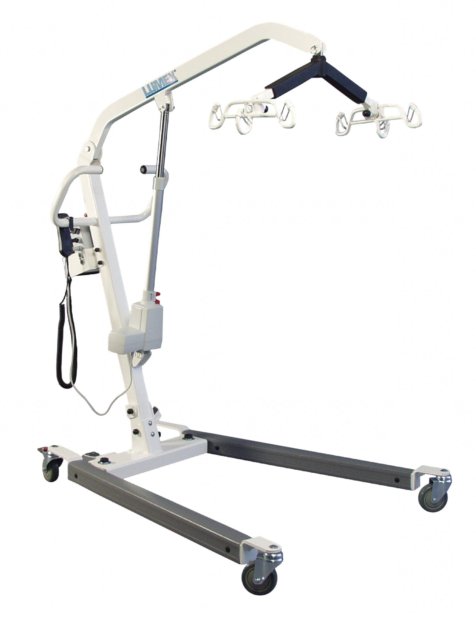 The Lumex Easy Lift Patient Lifting System - Bariatric by Graham Field is constructed from durable heavy-gauge steel and comes in a white finish. It boasts a sturdy frame with wheels for effortless mobility and includes an adjustable arm for lifting, a control panel, and a sling attachment point. The ergonomic foot pedal design ensures smooth operation, making patient transfers seamless and efficient.