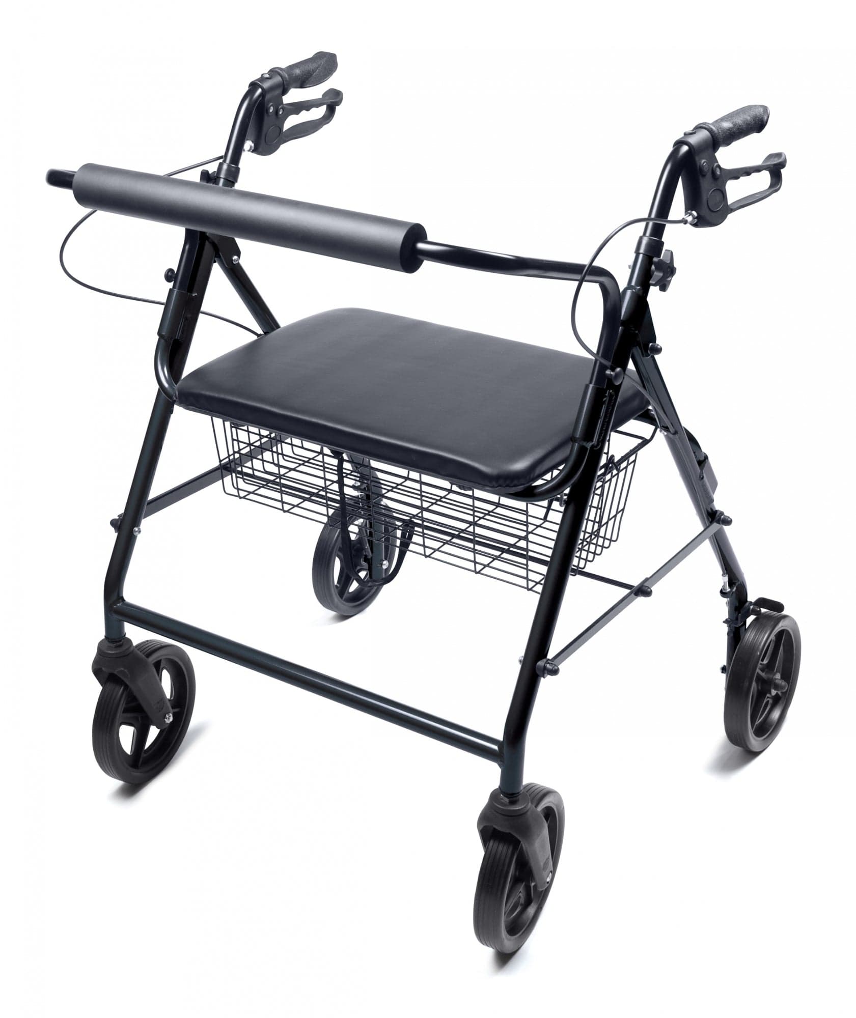 The Walkabout Four-Wheel Imperial Rollator by Graham Field is a lightweight mobility aid in black, equipped with four wheels and hand brakes. It features a padded seat and an under-seat wire basket for convenient storage. Designed for customizable comfort, it includes adjustable handle height and is depicted from a slightly elevated angle.