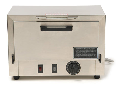 The Graham Field Stainless Steel Dry Heat Sterilizer is a countertop kitchen appliance with a sleek stainless steel body, complemented by a black handle and control dial. It includes a toggle switch and indicator light for ease of use. This maintenance-free sterilizer ensures safe handling of sharp instruments in your kitchen.