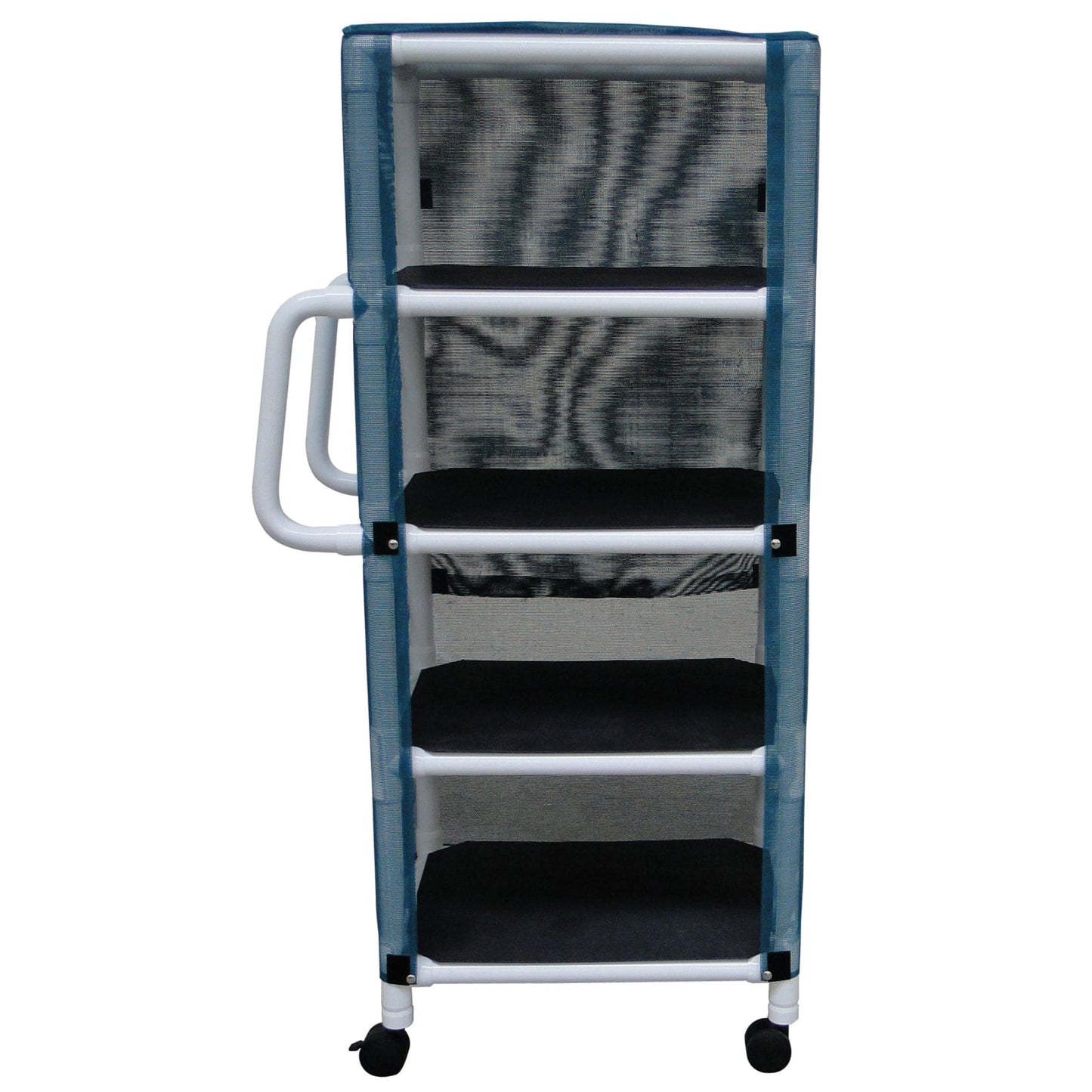 The Graham Field PVC Linen Cart With Cover features five-tier rolling storage with blue anti-bacterial mesh sides, four black shelves, and a white frame. It has a Velcro opening handle on the left and wheels for easy linen storage and transfer.