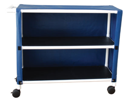 The Graham Field PVC Linen Cart With Cover has two black shelves, a white frame, and four wheels for easy mobility. It features a blue fabric cover on three sides with antibacterial mesh and a Velcro opening, making it perfect for the storage and transfer of linens.