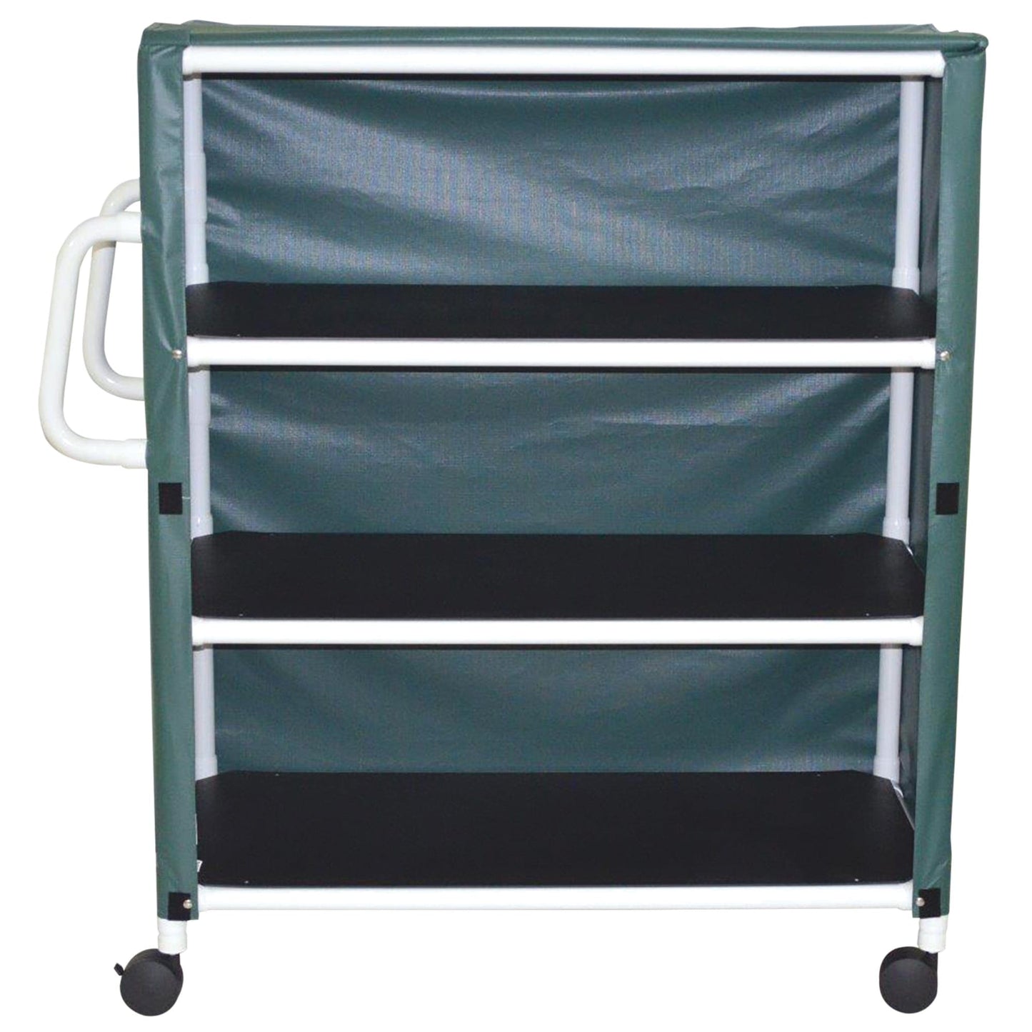 The Graham Field PVC Linen Cart With Cover features a white frame, green fabric cover, and four black wheels. It offers three black shelves for stable storage, a Velcro opening for easy access, and a convenient white handle. Perfect for storing and transferring linens.