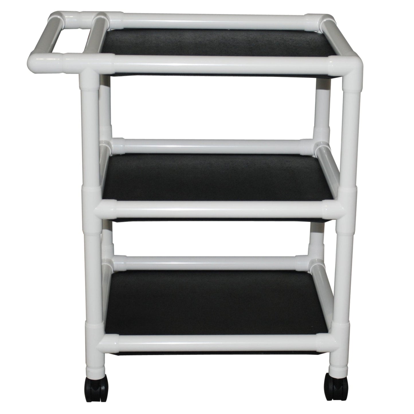 The Graham Field PVC Three-Shelf Utility Cart is a versatile mobile cart featuring three tiers with black shelves, constructed from durable PVC pipe. It is equipped with wheels for easy maneuverability and includes a handle on one side for convenient pushing or pulling, offering ample shelf space.