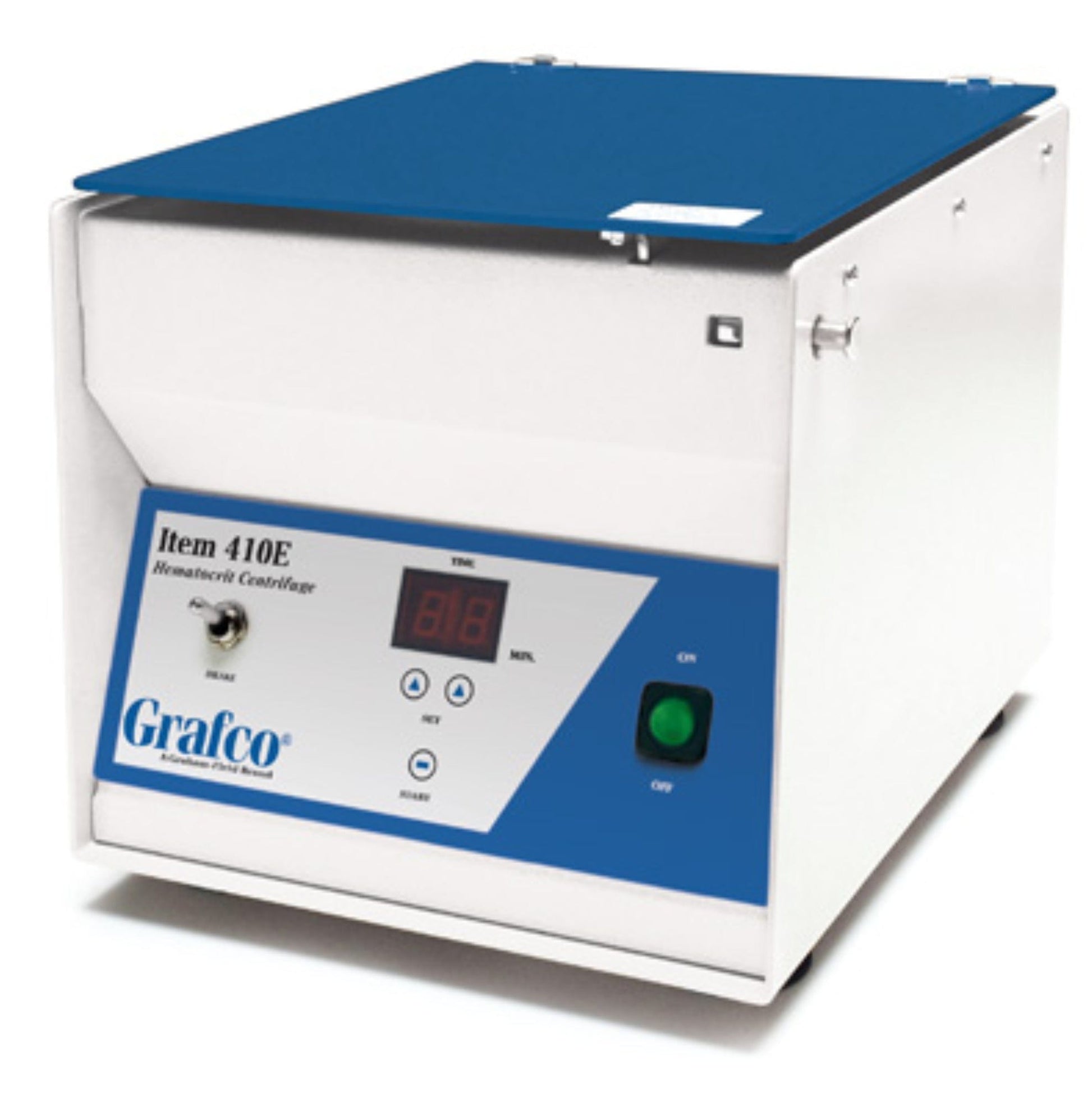 The Graham Field Grafco Hematocrit Centrifuge, model 410E, is designed for efficient blood separation in laboratory tests. It features a white body with blue accents and includes a control panel with a digital display, dials, and a green start button for easy operation.