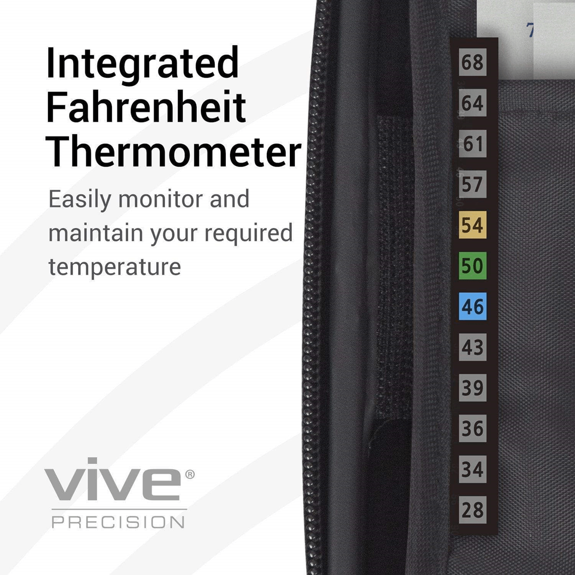 Image of a Fahrenheit thermometer chart by Vive Health, ranging from 36°F to 68°F. The insulated Insulin Travel Case features an integrated thermometer, enhancing precise temperature monitoring, perfect for cooling storage solutions.