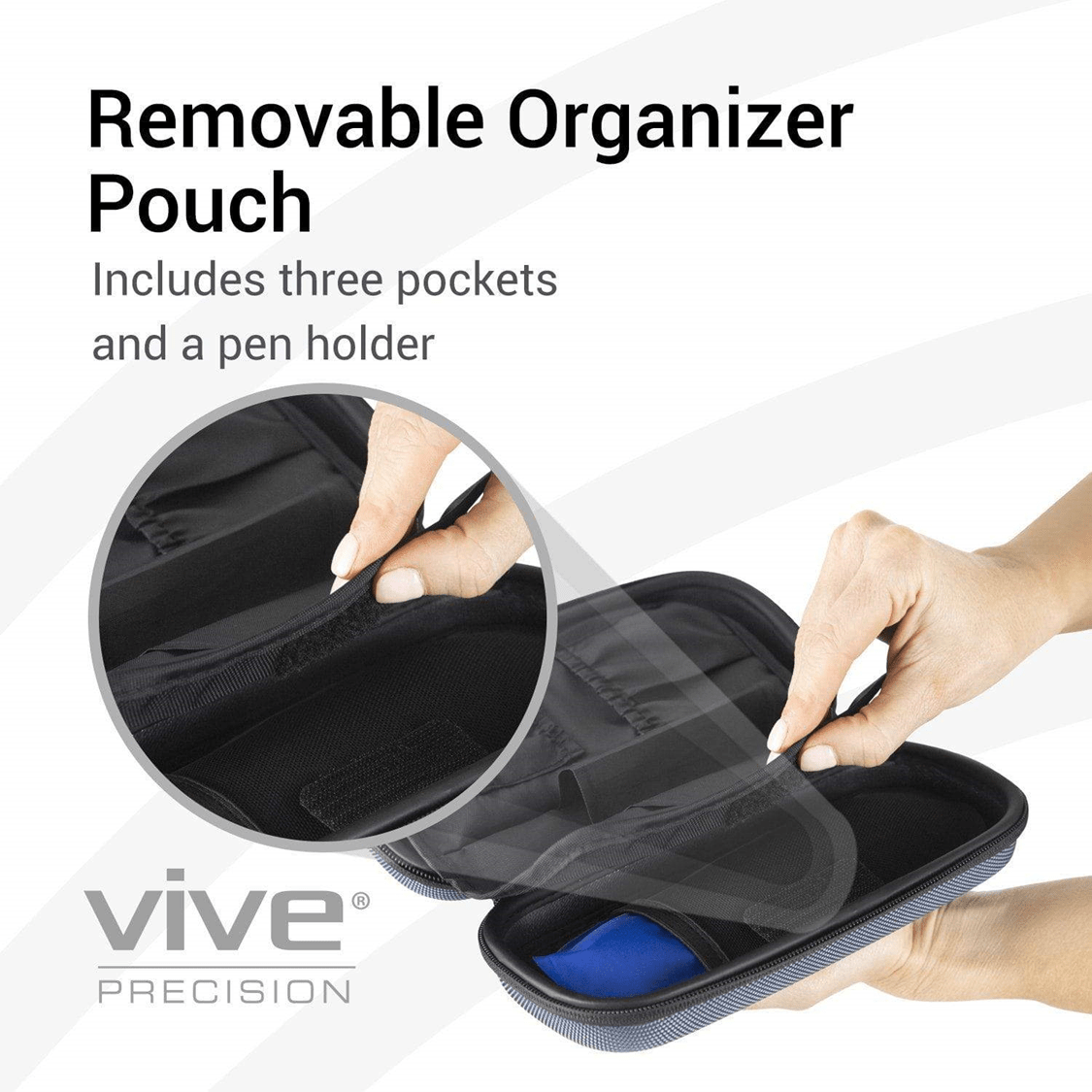 A person opens a black Insulin Travel Case featuring the Vive Health logo, with a removable organizer pouch, three pockets, and a pen holder. Doubles as an insulated cooling case that fits TSA-compliant standards.