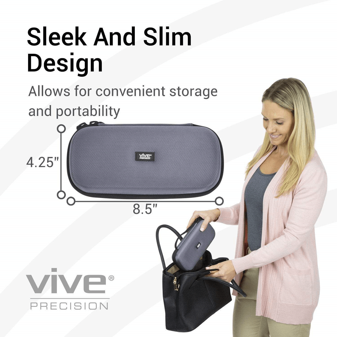 A person in a pink cardigan places a sleek, gray Vive Health Insulin Travel Case into a black handbag. The dimensions (4.25" by 8.5") are noted. The text highlights: "Sleek And Slim Design - Allows for convenient storage and portability.