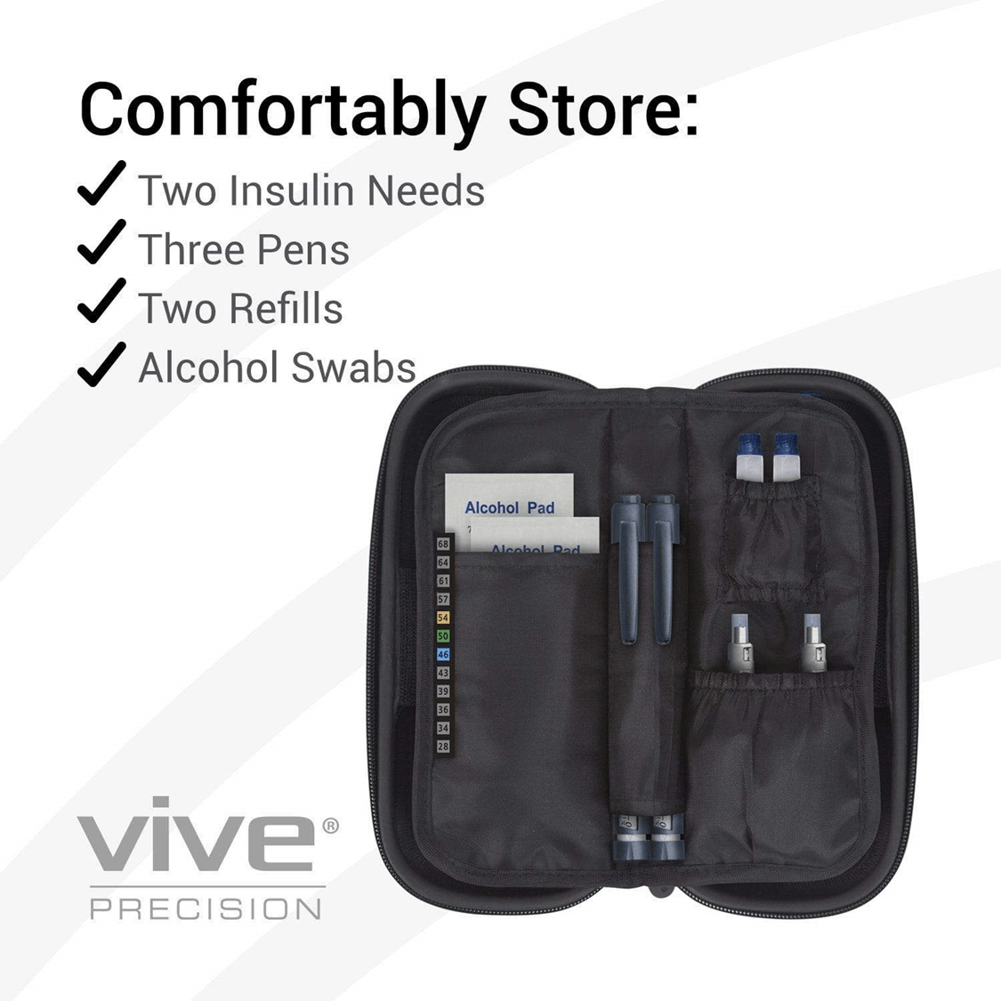 The Vive Health Insulin Travel Case is a TSA-compliant black case for diabetes supplies, featuring compartments for two insulin pens, three refills, alcohol swabs, and an accessory. Its insulated design ensures your essentials are stored safely at the optimal temperature.