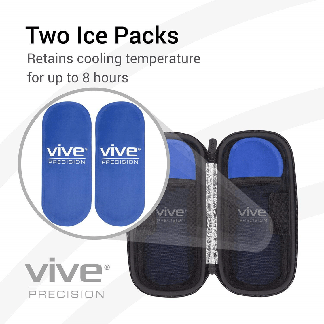 In the image, two blue ice packs labeled "Vive Health" are next to an open black insulated case. Text above says: "Two Ice Packs - Keeps cool for up to 8 hours, perfect for your cooling storage needs.