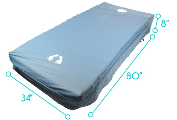 Picture a Vive Health blue inflatable mattress, 80"x34"x8", with an elevation and white footprint graphic on one end. This universal size, durable mattress also boasts a waterproof cover for added protection.