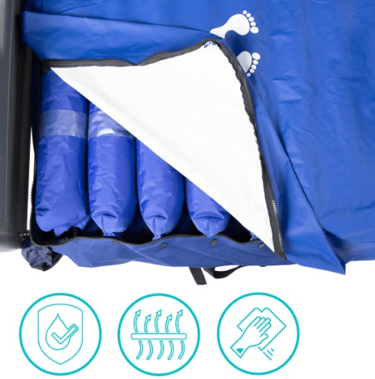 A close-up of a blue 8” Alternating Pressure Mattress Cover by Vive Health, partially unzipped to reveal four neatly rolled, latex-free pads. Below are three icons for water resistance, breathability, and easy cleaning.