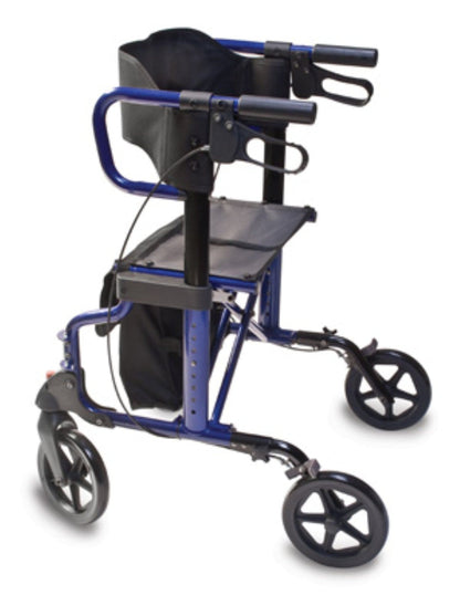 The Graham Field HybridLX Rollator Transport Chair is a blue, lightweight hybrid with a seat, backrest, and basket. It features black handlebars with rubber grips for stability and combines the functionality of a walker and transport chair in one versatile product.