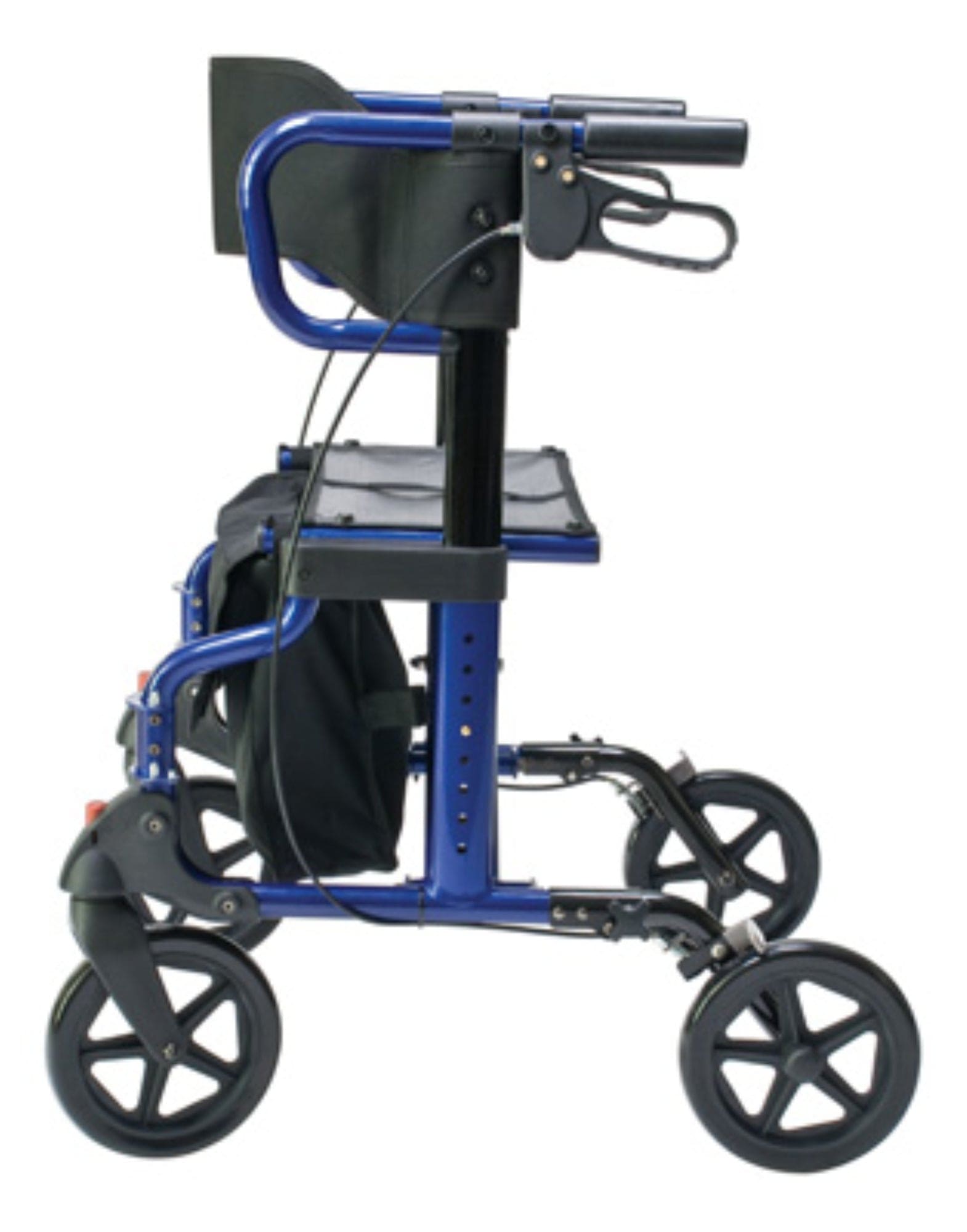 The Graham Field HybridLX Rollator Transport Chair is a blue and black mobility aid with four wheels, adjustable handles, and a built-in seat. It includes a storage compartment under the seat and features a lightweight design for convenient use.