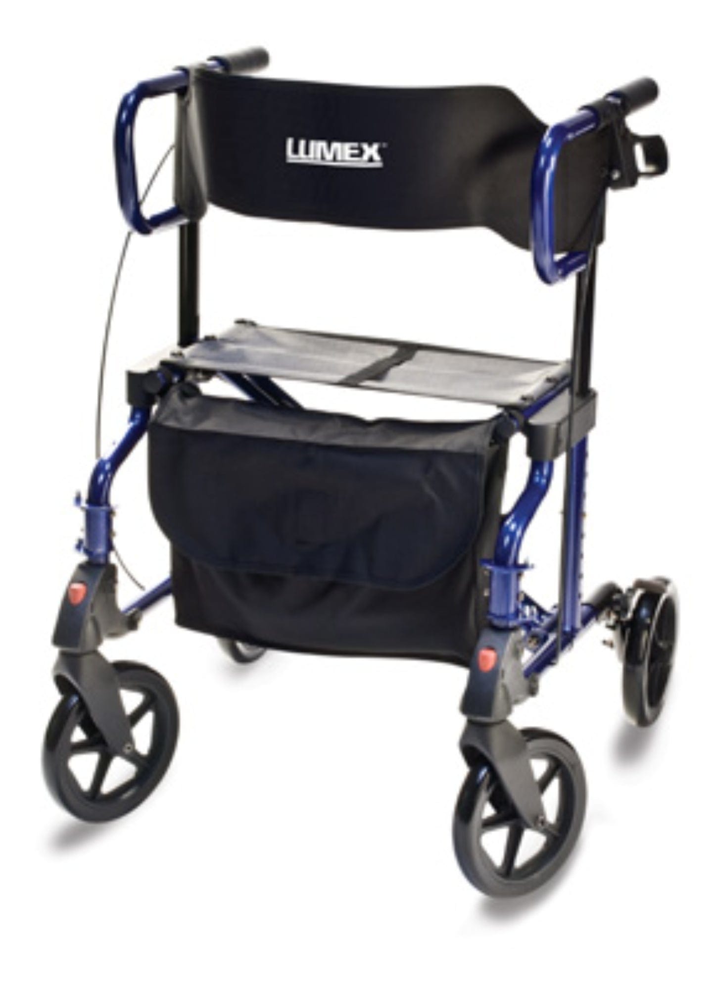 The Graham Field HybridLX Rollator Transport Chair is a blue hybrid with four wheels, featuring a black seat and backrest. It is lightweight, has a storage pouch underneath, and handlebars equipped with brakes for convenient support while walking and resting.