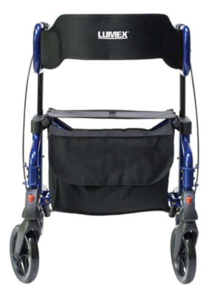 Introducing the blue Graham Field HybridLX Rollator Transport Chair, combining the features of a walker and transport chair. It has a lightweight four-wheel design, a large black seat, and a storage pouch. The Graham Field brand is elegantly printed on the backrest.