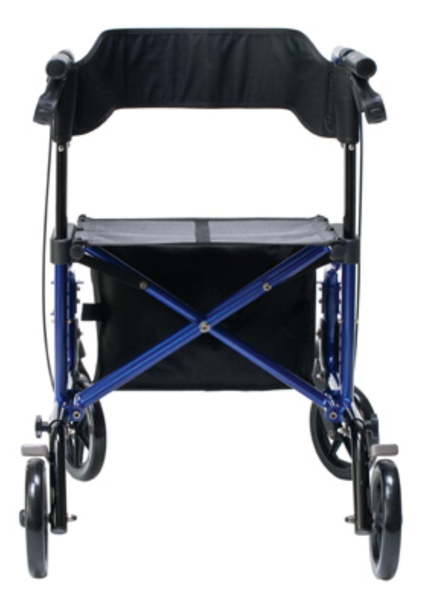 The Graham Field HybridLX Rollator Transport Chair is a lightweight, blue model with foldable features, four small wheels, and a black seat and backrest. Its compact design highlights its portability and efficiency for easy mobility.