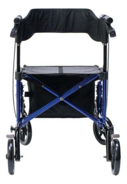 The Graham Field HybridLX Rollator Transport Chair is a lightweight, blue model with foldable features, four small wheels, and a black seat and backrest. Its compact design highlights its portability and efficiency for easy mobility.