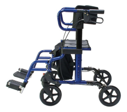 The Graham Field HybridLX Rollator Transport Chair is a blue, lightweight mobility aid featuring four wheels, padded seat, handlebars with a brake system, detachable footrests, a storage bag, and dual rollator/transport chair functionality.