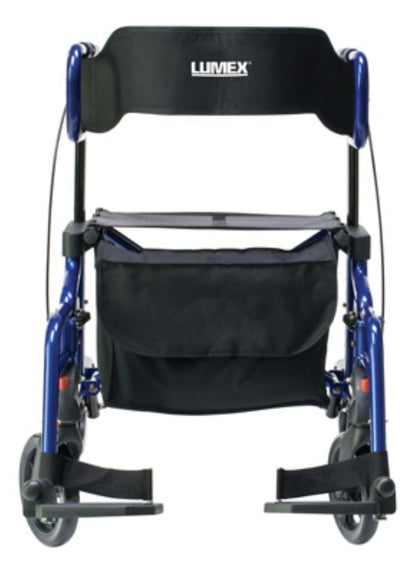 Introducing Graham Field's blue HybridLX Rollator Transport Chair, featuring a lightweight design, black seat and backrest, four wheels with footrest supports for comfort, and a convenient black storage bag underneath.