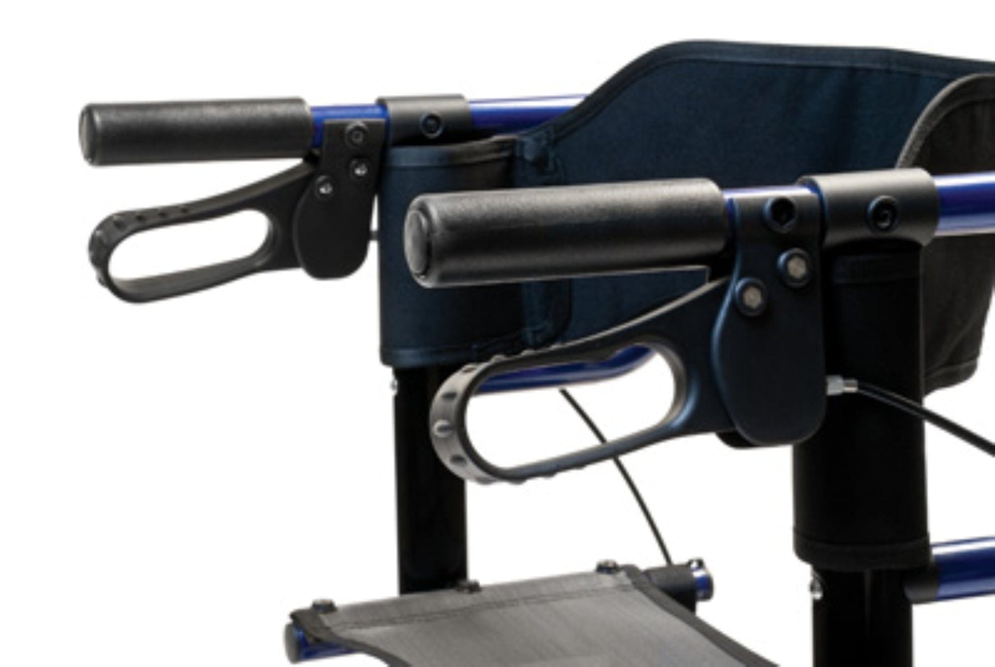 Close-up of the blue and black Graham Field HybridLX Rollator Transport Chair, showcasing ergonomic handlebars and loop-style hand brakes. The lightweight design allows easy handling, with the seat in the background.